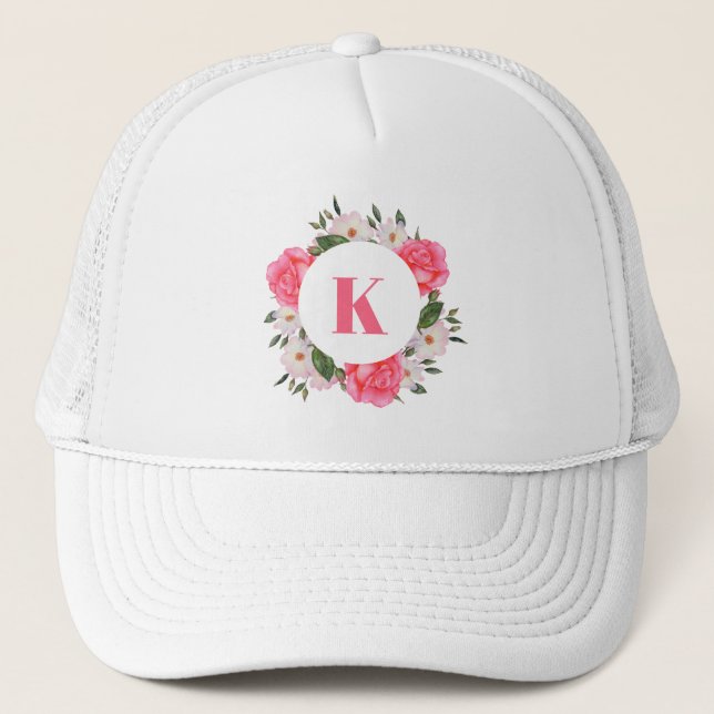 Monogram Pink and White Roses Wreath Circle Trucker Hat (Front)