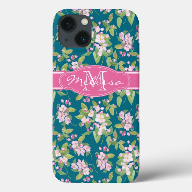 Monogram Pink Apple Blossom on Dark Blue Case-Mate iPhone Case (Back)