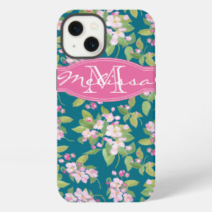 Monogram Pink Apple Blossom on Dark Blue iPhone 13 Case