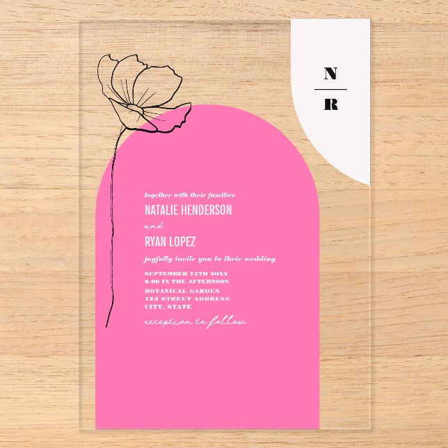 Monogram Pink Arch Floral Wedding Invitation (Front)