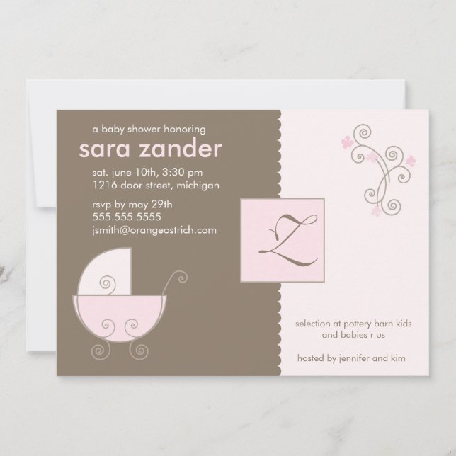 Monogram Pink Baby Carriage Shower Invitation (Front)