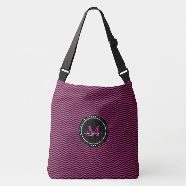 Monogram Pink Black Abstract Chevron | Elegant Crossbody Bag (Front)
