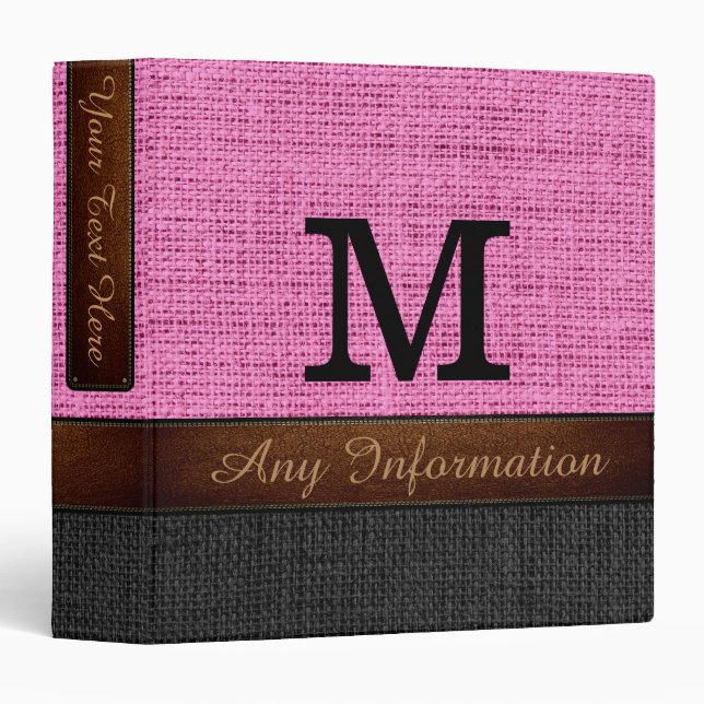 Monogram Pink & Black Burlap Rustic Jute Binder (Front/Spine)