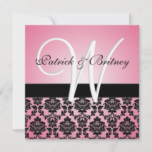 Monogram Pink & Black Damask Wedding Invitations
