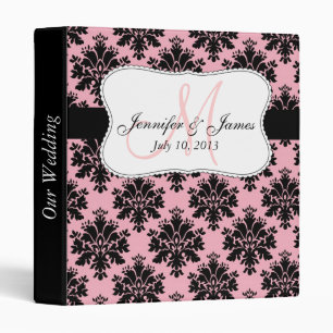 Monogram Pink Black Damask Wedding Planner Binders