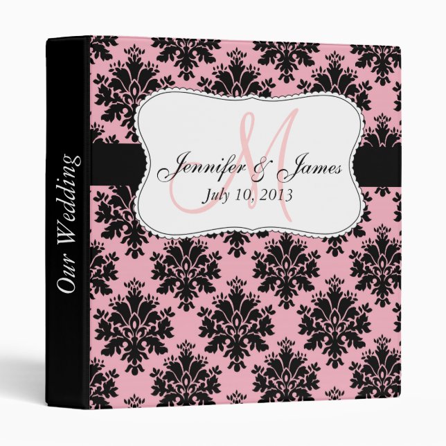 Monogram Pink Black Damask Wedding Planner Binders (Front/Spine)