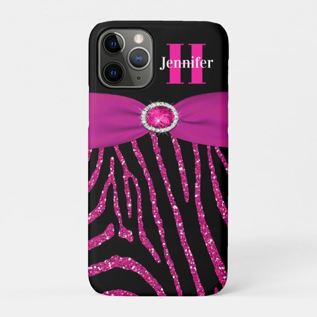 Monogram Pink, Black Glitter Zebra iPhone 11 Case (Back)