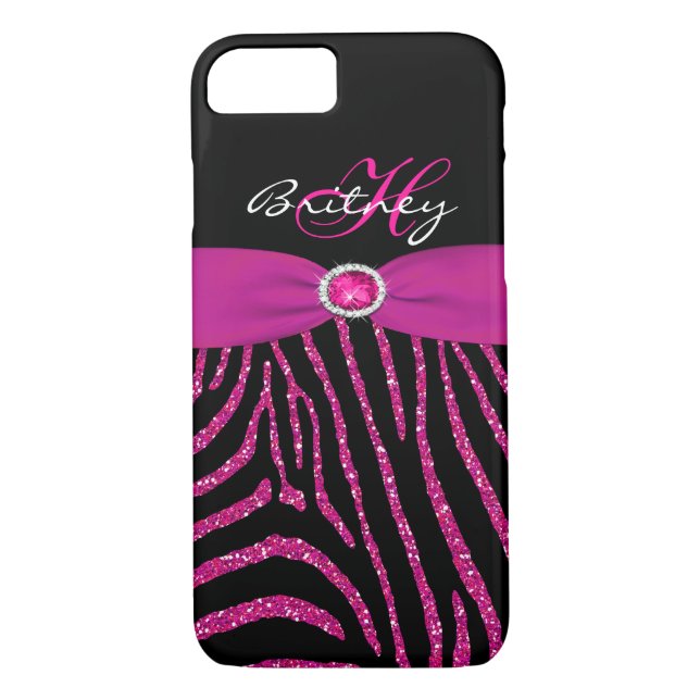 Monogram Pink, Black Glitter Zebra iPhone 7 Case (Back)