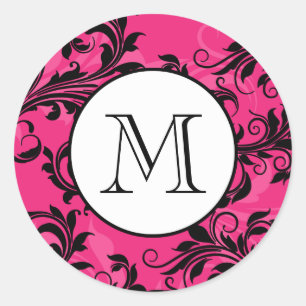 Monogram Pink Black Ornate Scrolls Wedding Sticker