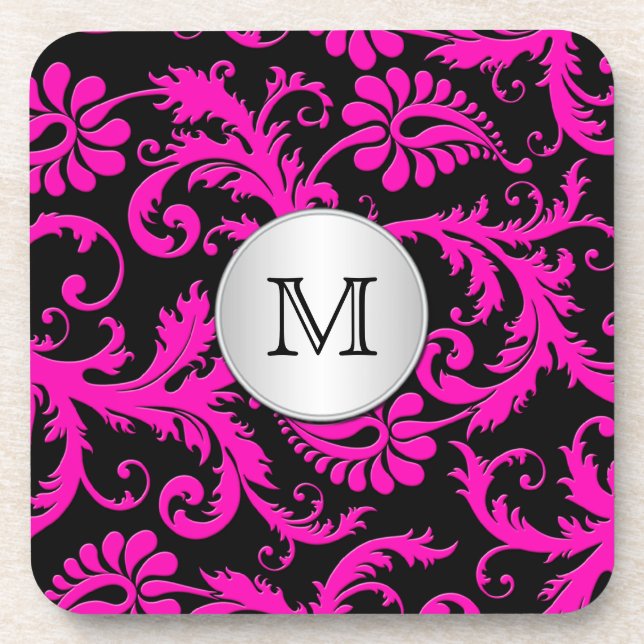 Monogram Pink Black Silver Damask Coaster Set (6) (Front)