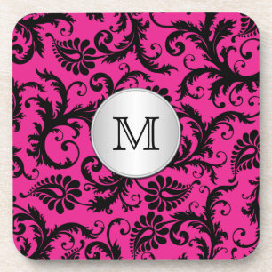Monogram Pink Black Silver Damask Coaster Set (6)