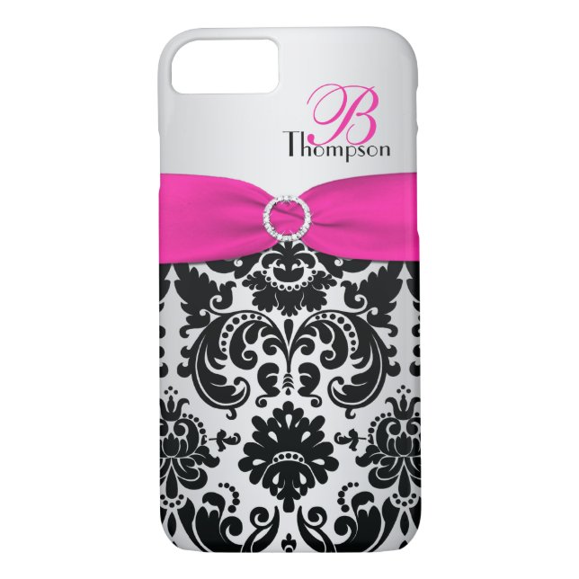 Monogram Pink, Black, Silver Damask iPhone 7 Case (Back)