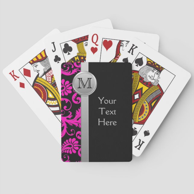 Monogram Pink Black Silver Damask Playing Cards (Back)