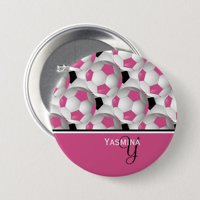 Monogram Pink Black Soccer Ball Pattern 3 Inch Round Button (Front & Back)