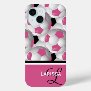 Monogram Pink Black Soccer Ball Pattern iPhone 15 Case