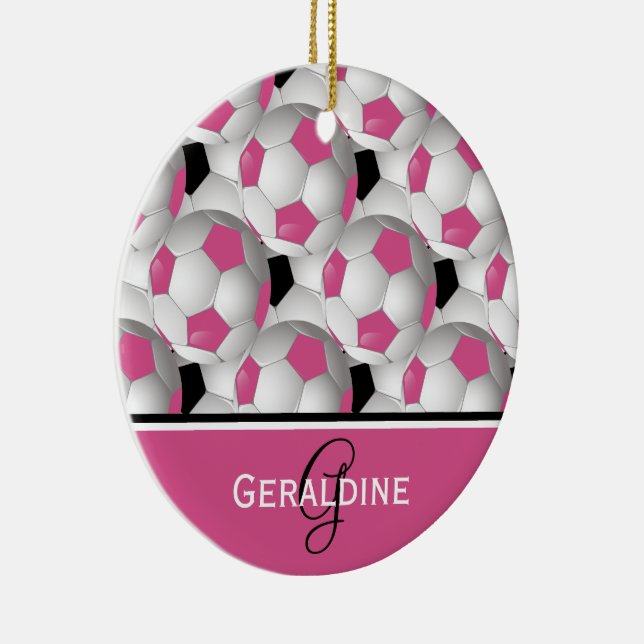 Monogram Pink Black Soccer Ball Pattern Ceramic Ornament (Right)