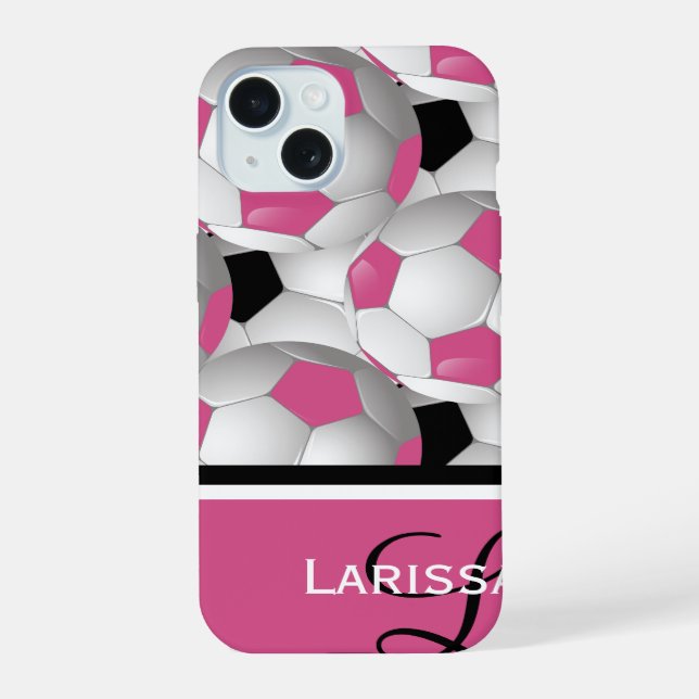 Monogram Pink Black Soccer Ball Pattern iPhone 15 Case (Back)