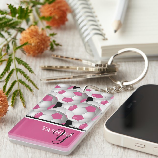 Monogram Pink Black Soccer Ball Pattern Keychain (Front Right)