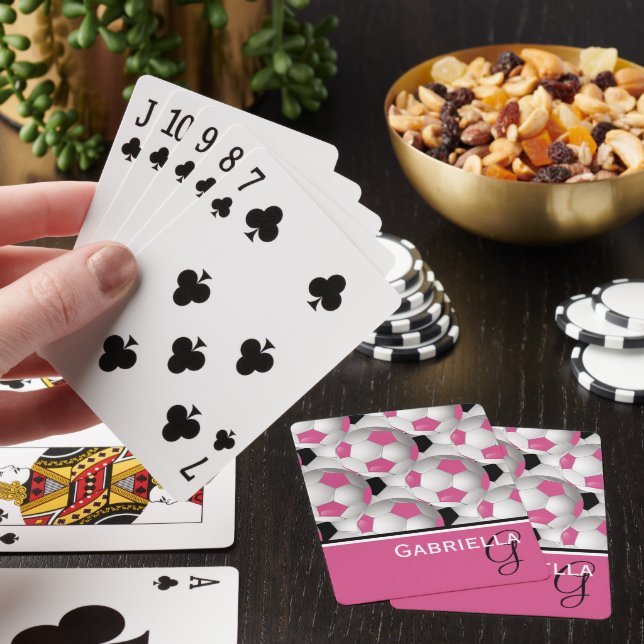 Monogram Pink Black Soccer Ball Pattern Playing Cards (In Situ)