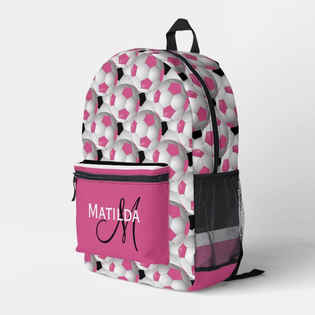 Monogram Pink Black Soccer Ball Pattern Printed Backpack (Back Corner Right)