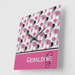 Monogram Pink Black Soccer Ball Pattern Square Wall Clock