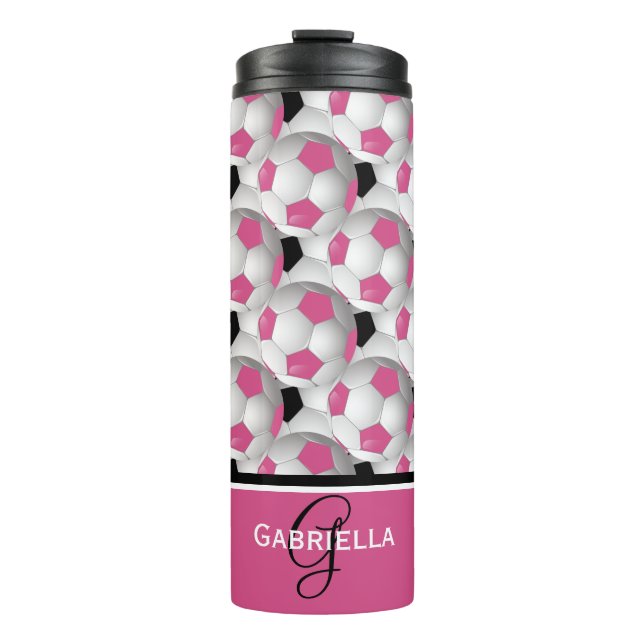 Monogram Pink Black Soccer Ball Pattern Thermal Tumbler (Front)