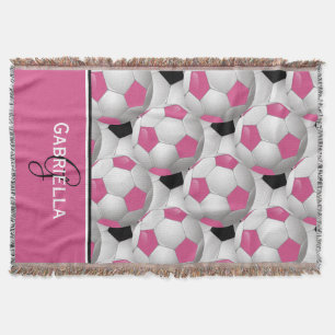 Monogram Pink Black Soccer Ball Pattern Throw Blanket