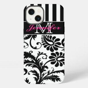 Monogram Pink Black White Striped Damask iPad Air iPhone 13 Case