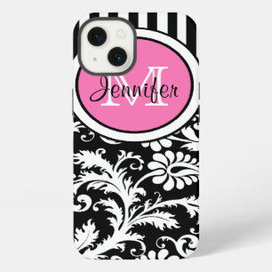 Monogram Pink, Black, White Striped Damask iPad iPhone 13 Case