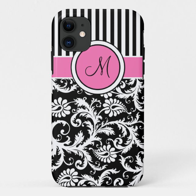 Monogram Pink Black White Striped Damask iPhone 5 Case-Mate iPhone Case (Back)