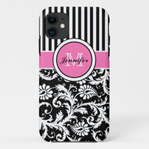 Monogram Pink Black White Striped Damask iPhone 5 iPhone 11 Case