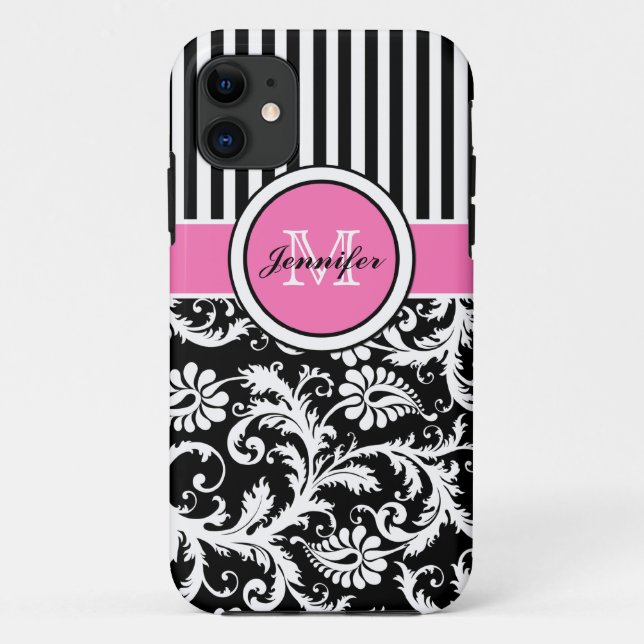 Monogram Pink Black White Striped Damask iPhone 5 Case-Mate iPhone Case (Back)