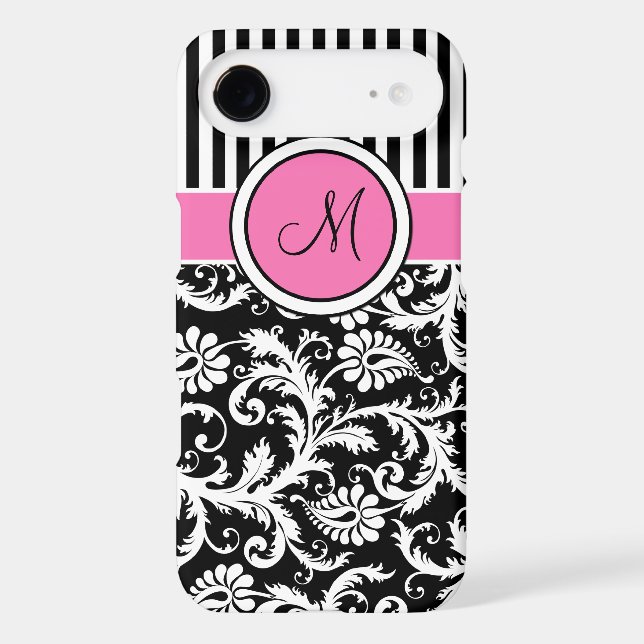 Monogram Pink Black White Striped Damask iPhone 7 Case-Mate iPhone Case (Back)
