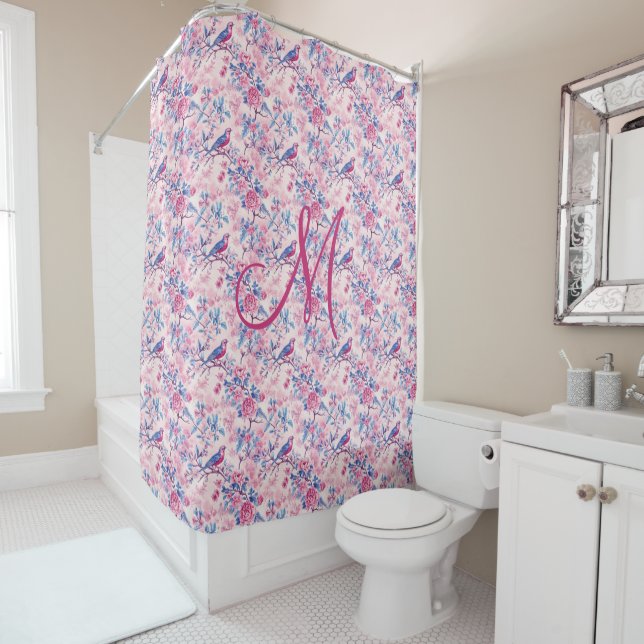 Monogram Pink Blue Birds Floral Toile Chinoiserie (In Situ)