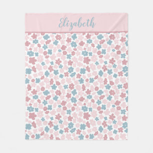 Monogram Pink Blue Floral Modern Boho Trendy Gift Fleece Blanket