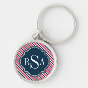 Monogram Pink Blue White Stripe Pattern Keychain