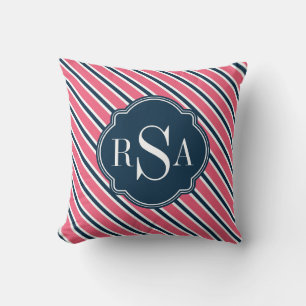 Monogram Pink Blue White Stripe Pattern Throw Pillow