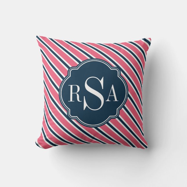 Monogram Pink Blue White Stripe Pattern Throw Pillow (Front)