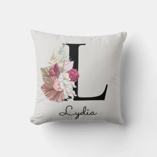 Monogram Pink Boho Floral Initial L Throw Pillow
