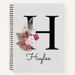 Monogram Pink Boho Girly Floral Initial H Notebook