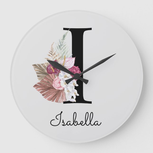 Monogram Pink Boho Girly Floral Initial I Large Clock (Front)