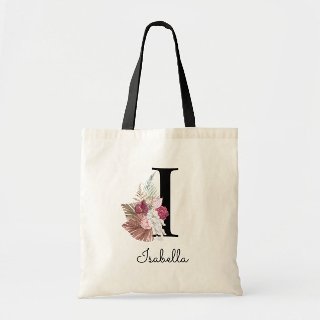 Monogram Pink Boho Girly Floral Initial I Tote Bag (Front)