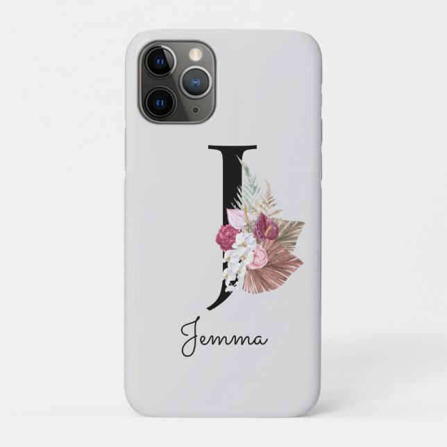 Monogram Pink Boho Girly Floral Initial J Case-Mate iPhone Case (Back)