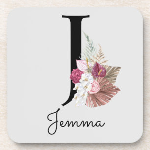 Monogram Pink Boho Girly Floral Initial J Coaster