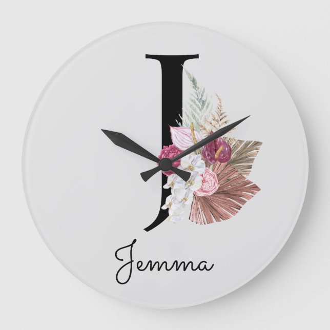 Monogram Pink Boho Girly Floral Initial J Large Clock (Front)