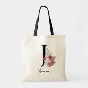 Monogram Pink Boho Girly Floral Initial J Tote Bag