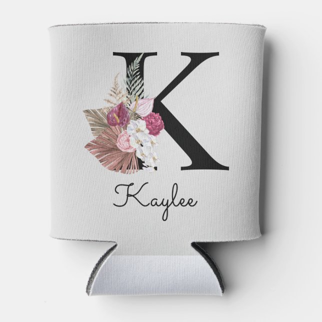 Monogram Pink Boho Girly Floral Initial K Can Cooler (Front)