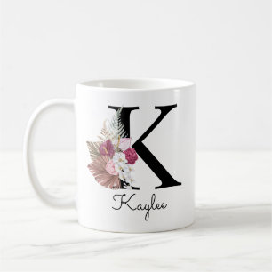Monogram Pink Boho Girly Floral Initial K Coffee Mug