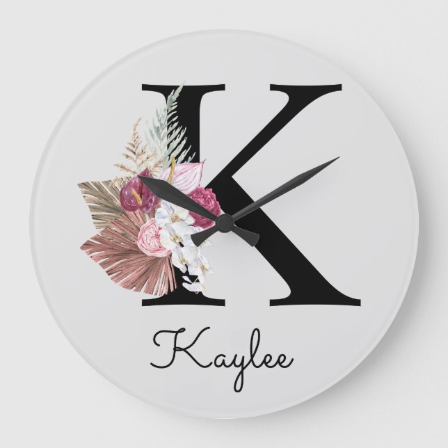 Monogram Pink Boho Girly Floral Initial K Large Clock (Front)