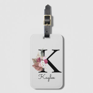 Monogram Pink Boho Girly Floral Initial K Luggage Tag